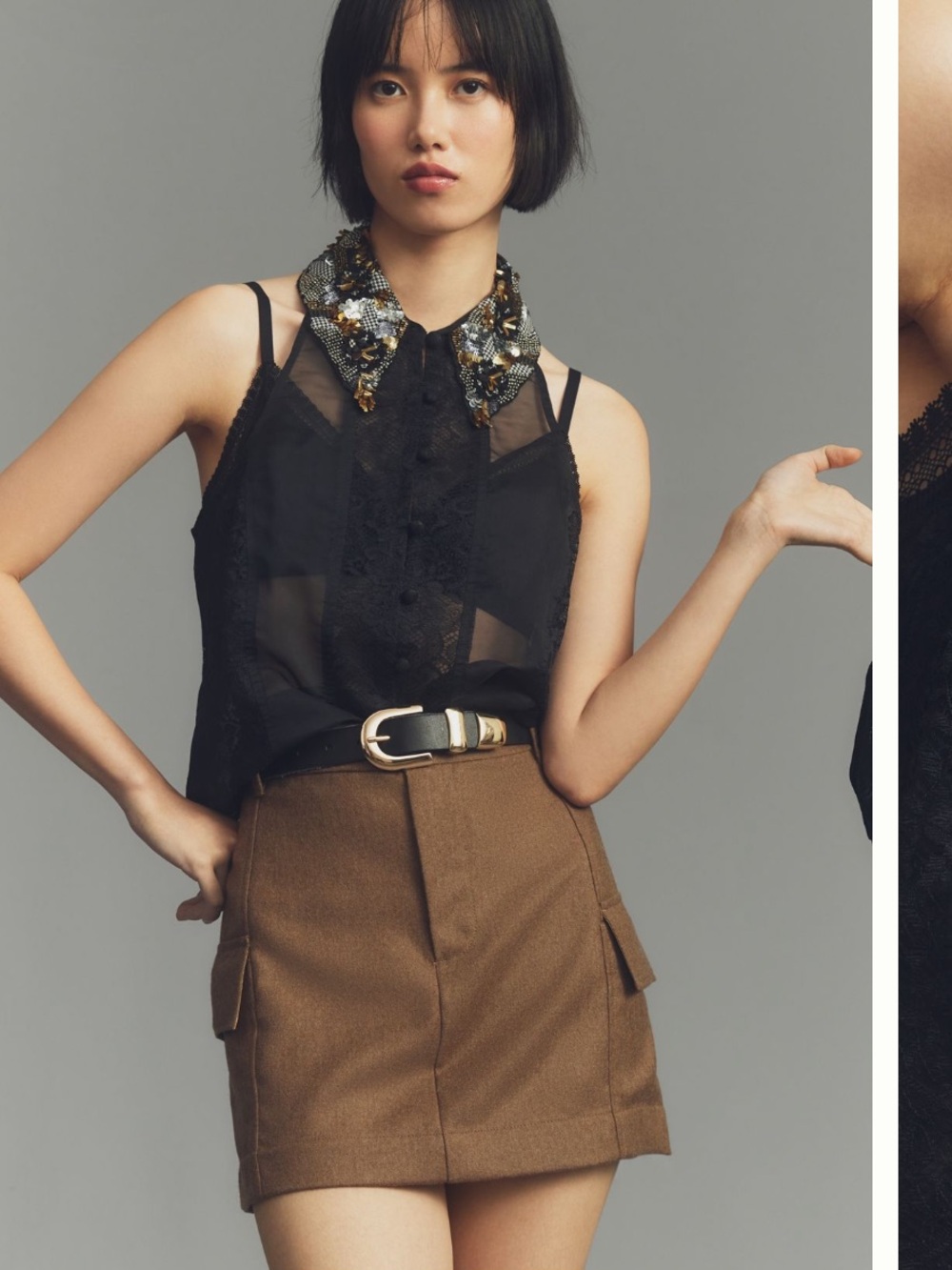 Maeve Anthropologie Black Sheer Beaded-Collar Sleeveless Top